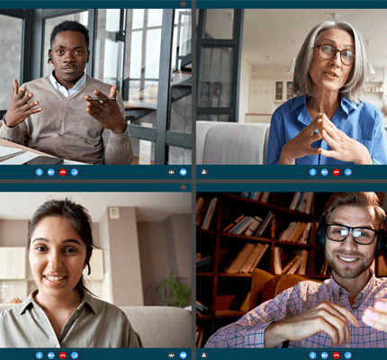 Four diverse business people colleagues participate virtual team meeting on video conference call