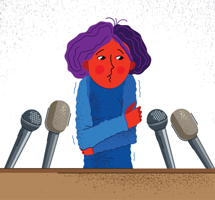 Cartoon drawing of a person shaking behind a podium with microphones