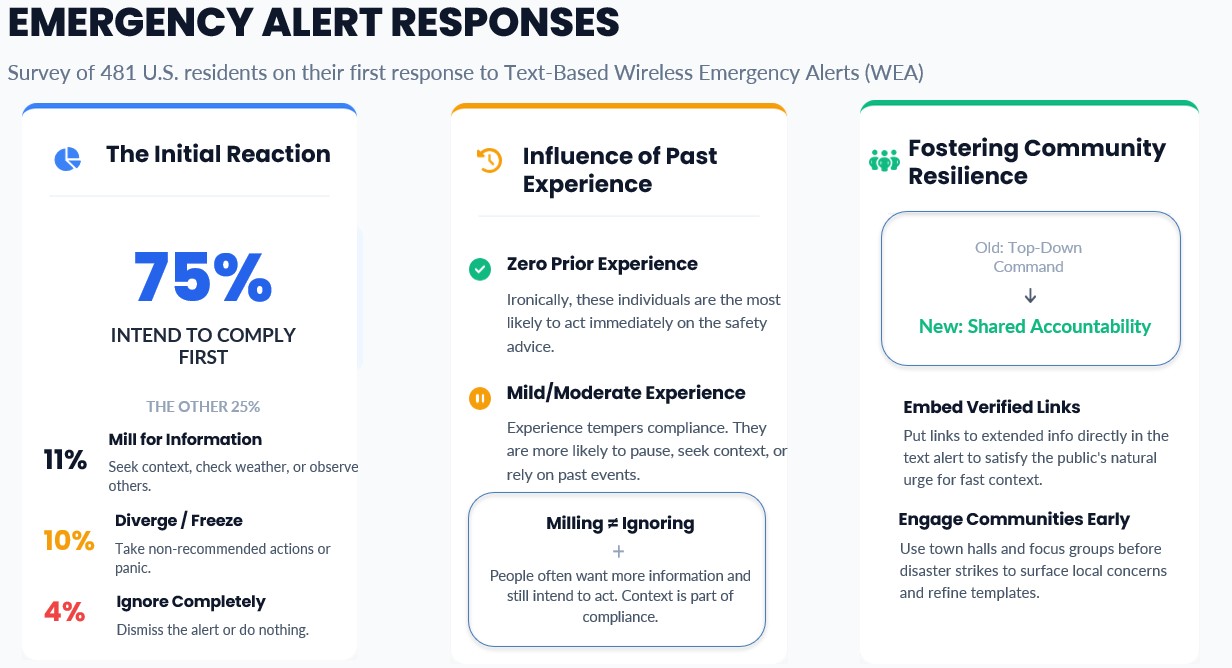 Infographic: Emergency Alert Responses — survey of 481 U.S. residents on their first response to text-based Wireless Emergency Alerts. The initial reaction: 75% intend to comply first; of the other 25%, 11% mill for information, 10% diverge or freeze, 4% ignore completely. Influence of past experience: people with zero prior experience are most likely to act immediately, while mild or moderate experience tempers compliance; milling is not ignoring. Fostering community resilience: shift from top-down command to shared accountability, embed verified links, and engage communities early.
